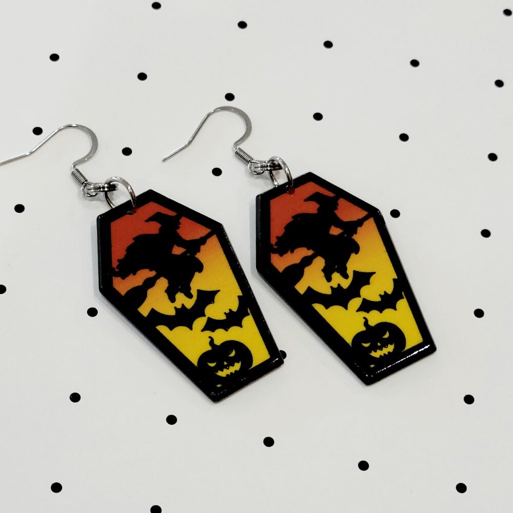Yellow Orange Witch with Bats and Pumpkin Coffin Earrings Stainless Steel Hooks - Picture 2 of 6
